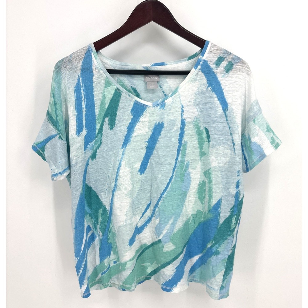 Chico's Size L 100% Linen Confetti Abstract Blue‎ Short Sleeve Tee Top Shirt